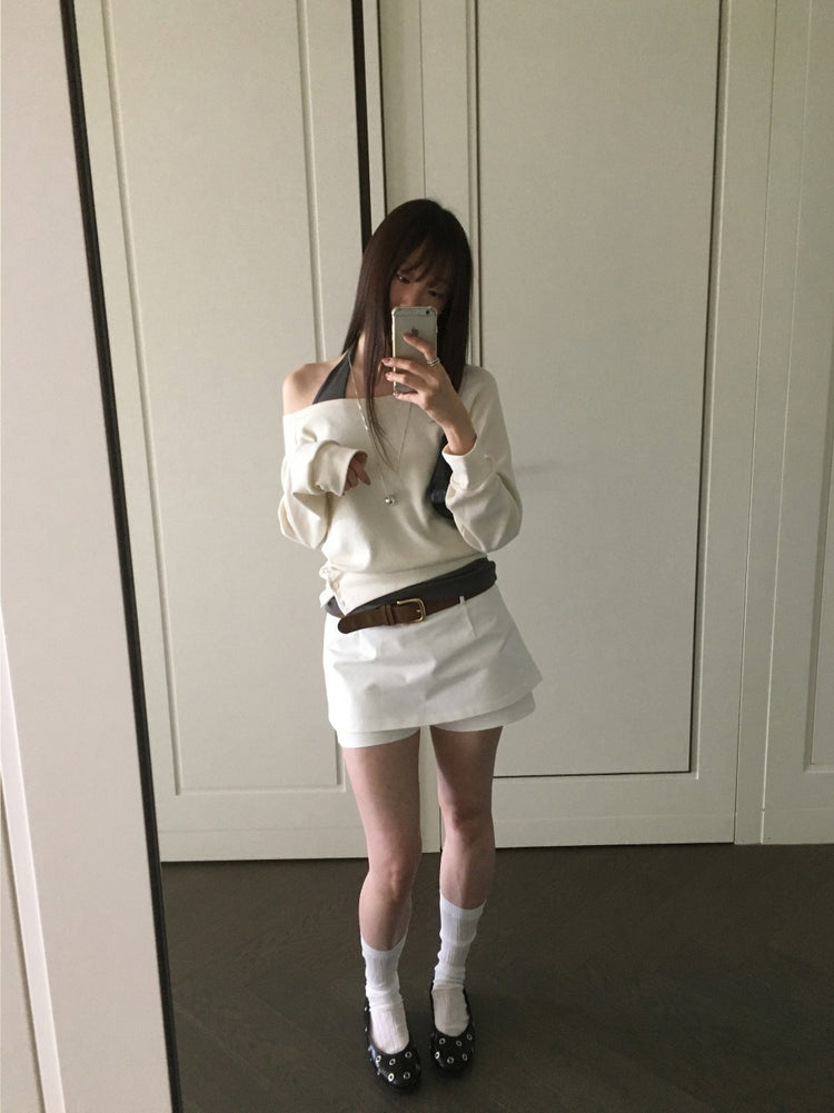 美肩撞色掛脖兩件式上衣