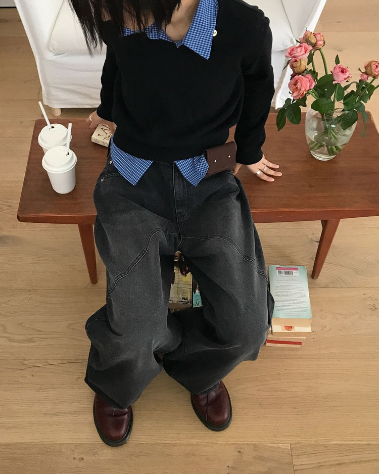 復古亮色格紋細節修腰襯衫