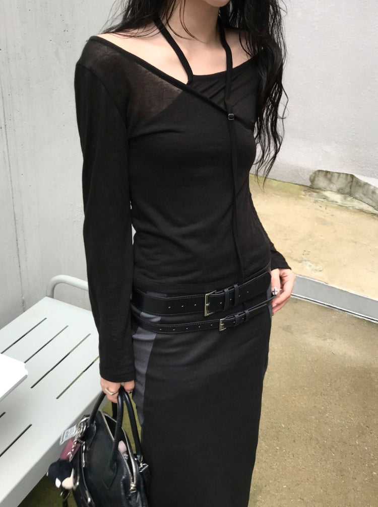 天絲微透膚不對稱垂帶設計上衣