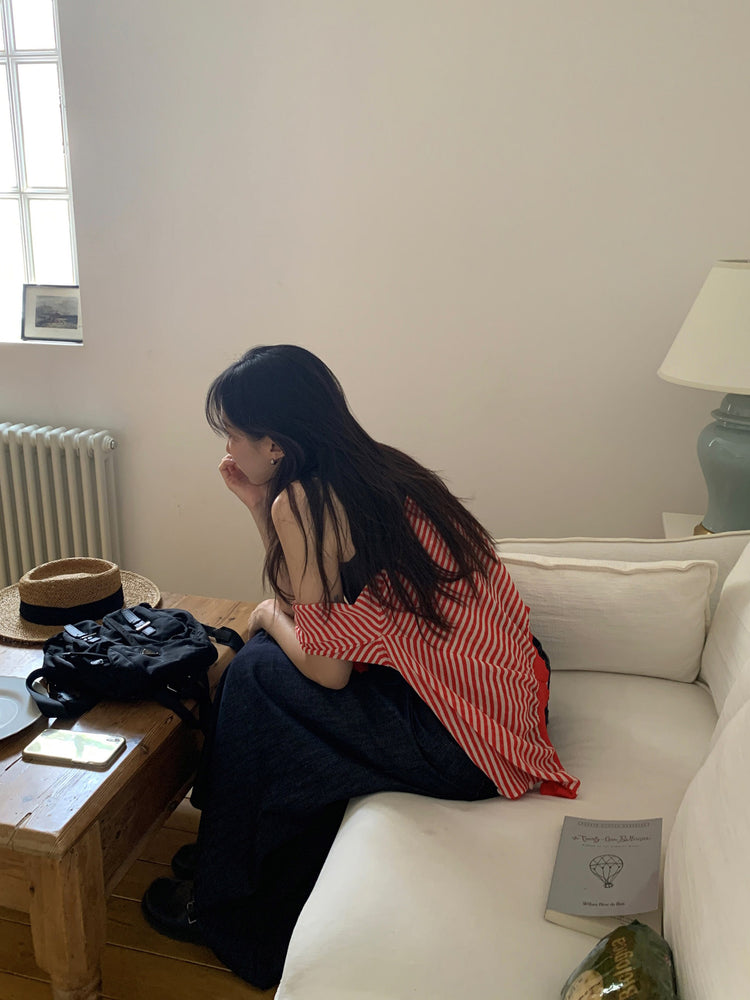 微透條紋排鈕針織外套