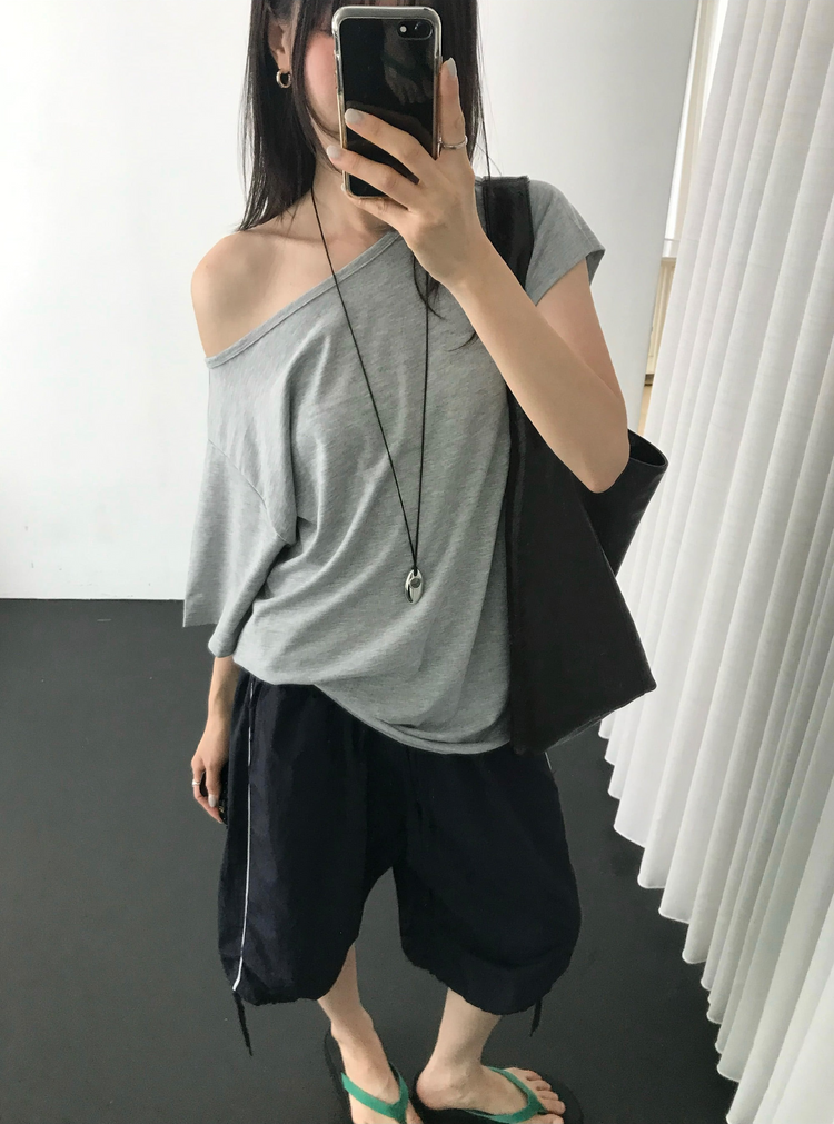 撞色側壓線休閒七分褲
