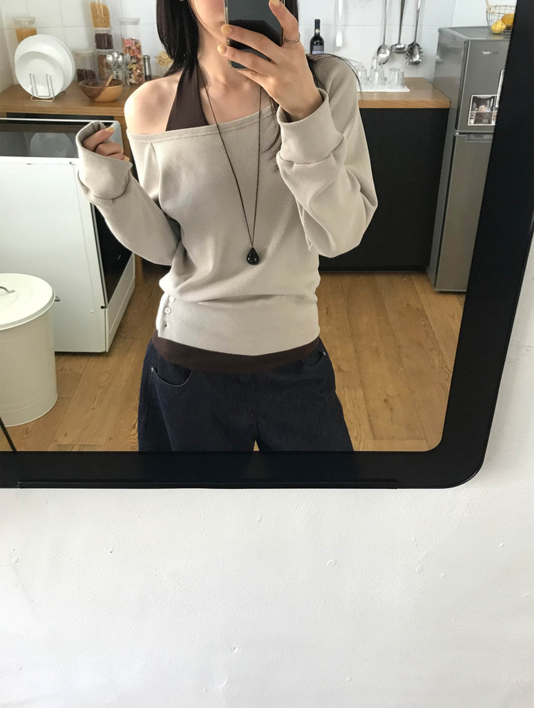 美肩撞色掛脖兩件式上衣
