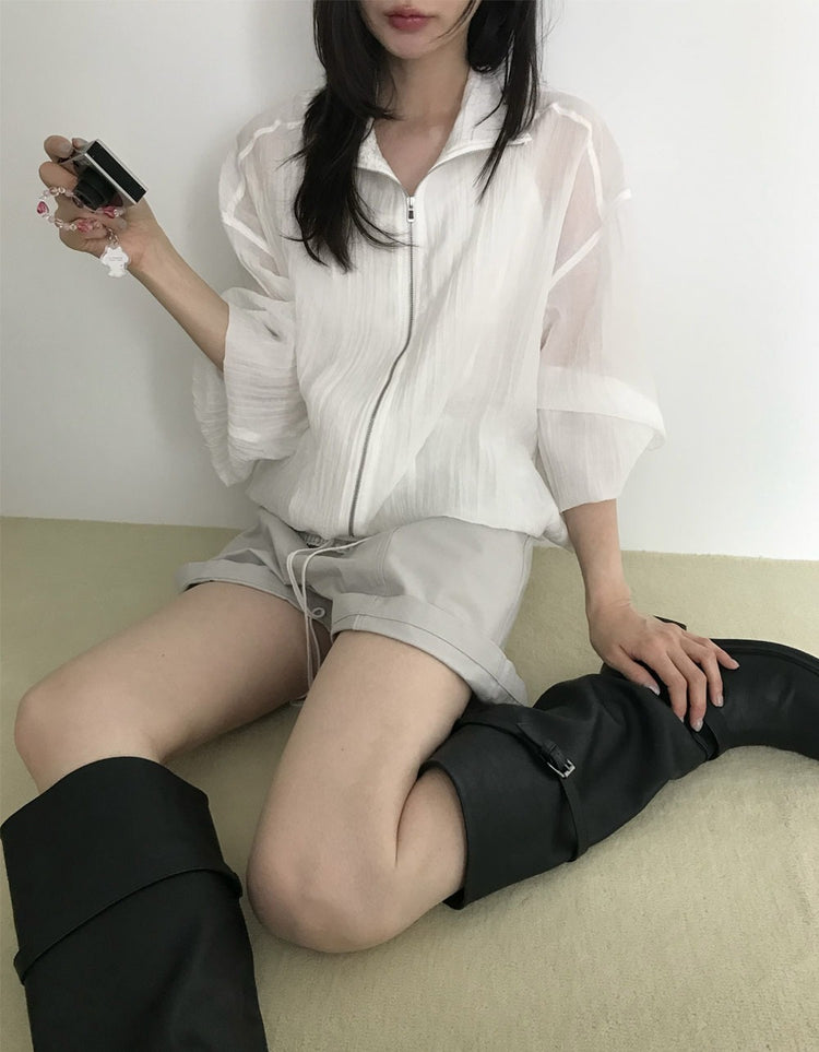 透膚抽繩下擺拉鏈外套