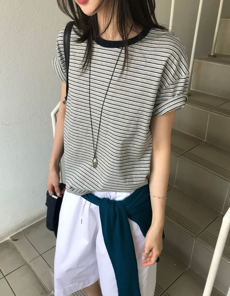 微鬆條紋撞色細節上衣