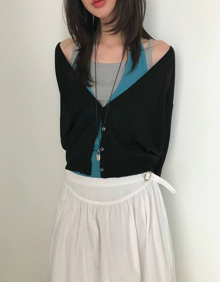 美色微透深V排鈕針織外套