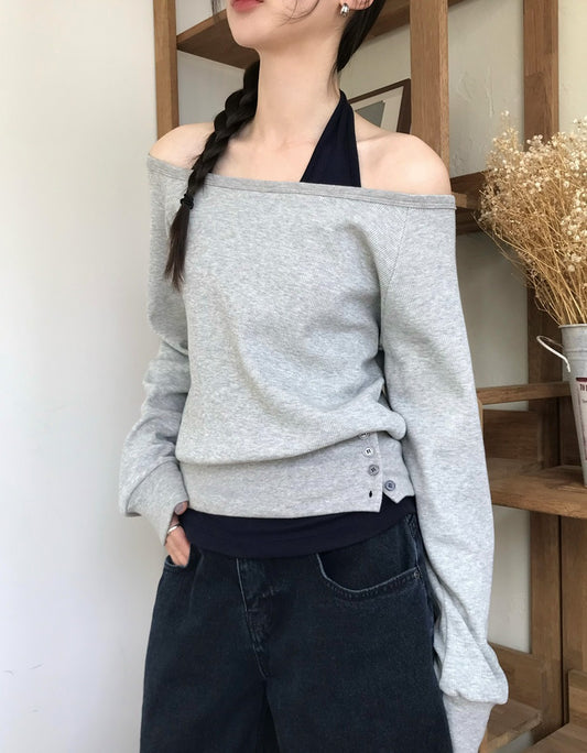 美肩撞色掛脖兩件式上衣