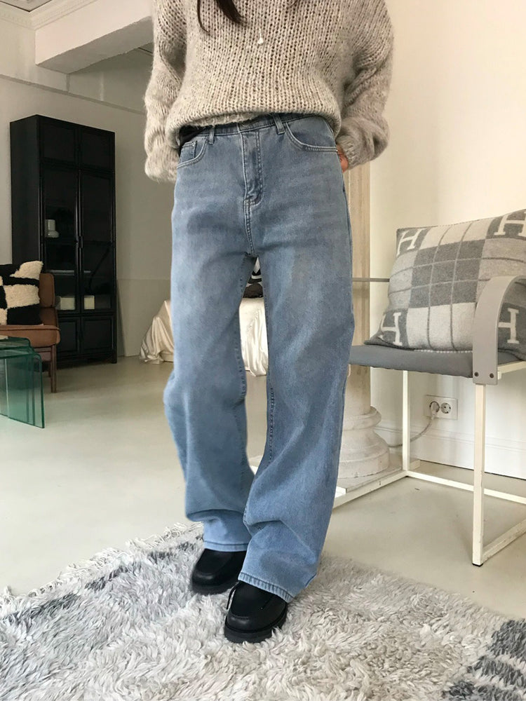 隱形橡筋腰頭直腿內刷毛牛仔褲