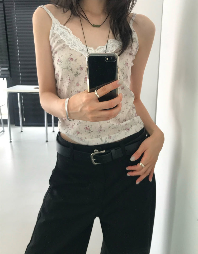 碎花蕾絲邊細節背心