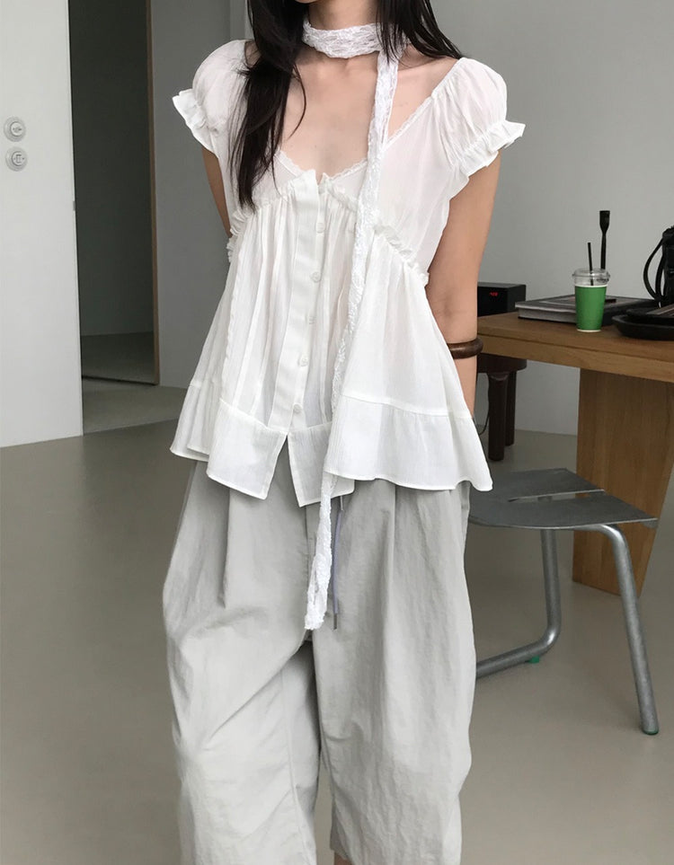 浪漫V領蕾絲胸壓線細節上衣