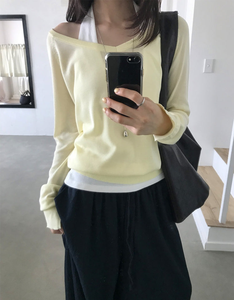 美色透膚V領針織上衣