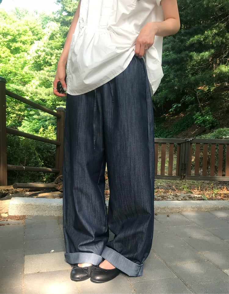 柔軟抽繩休閒牛仔褲