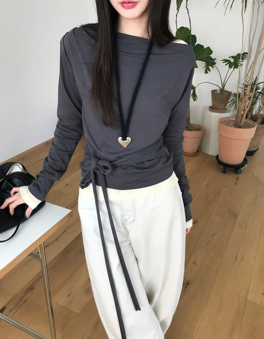 美肩抓皺綁帶細節上衣