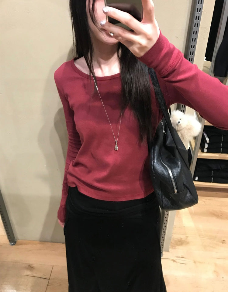 微透美色基礎袖細節上衣