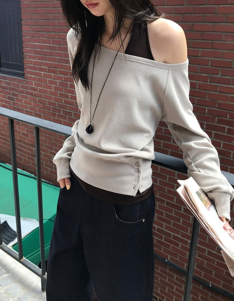 美肩撞色掛脖兩件式上衣