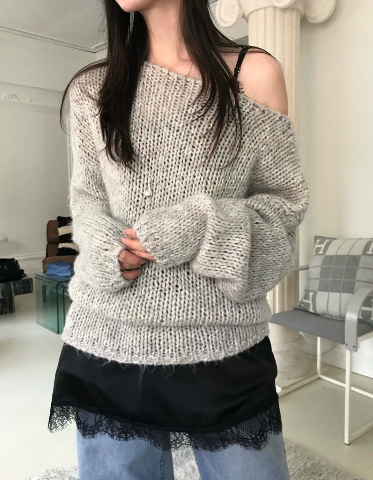 側露肩粗針針織上衣