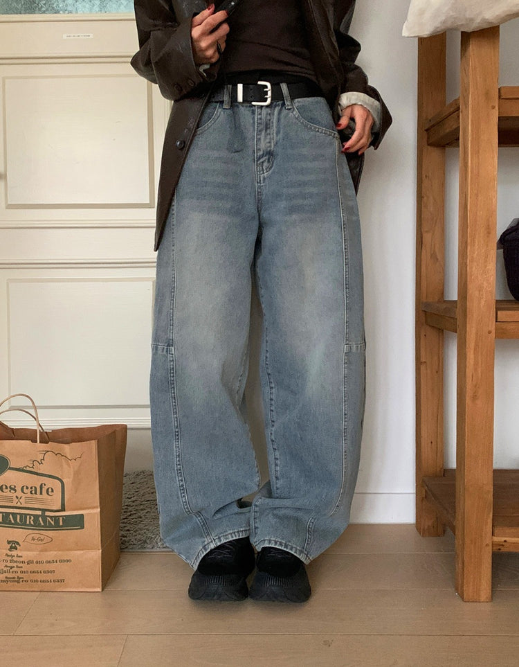 弧形側壓線廓形牛仔褲