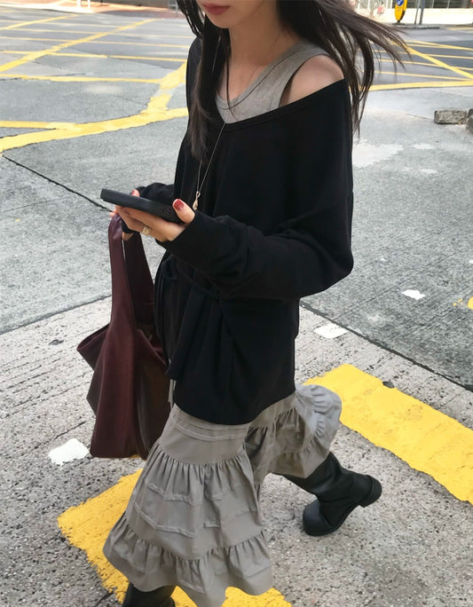 V領綁帶修腰細節上衣