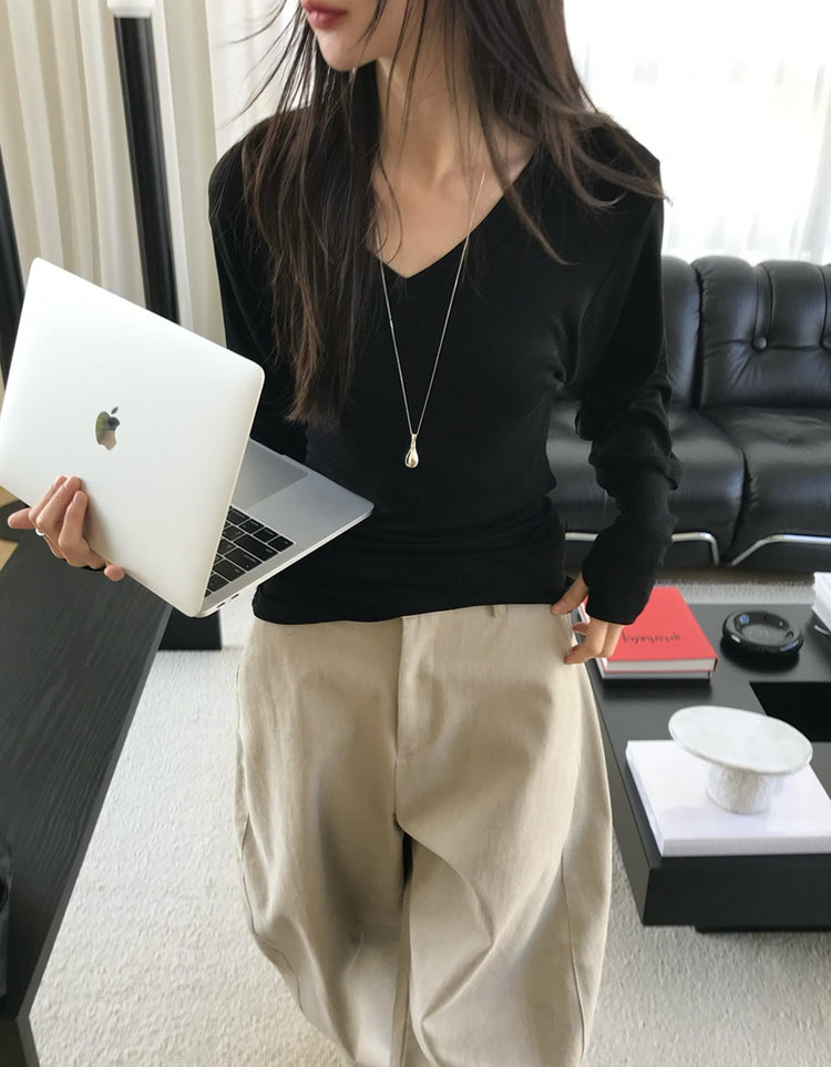 V領袖扣細節修腰上衣