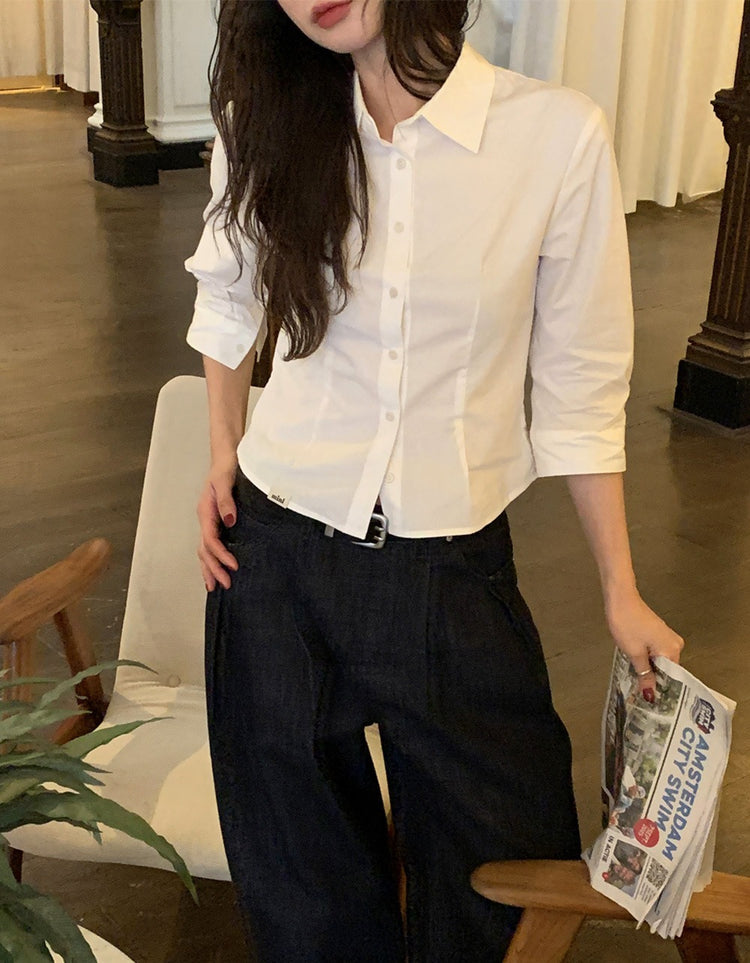 七分袖修腰層次襯衫