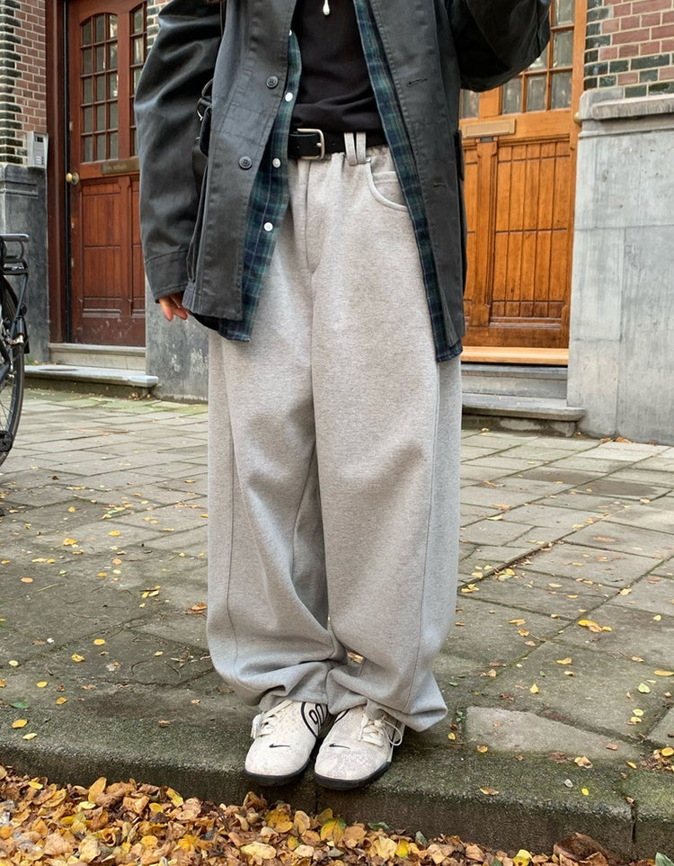 Unisex皮帶扣細節廓形棉褲