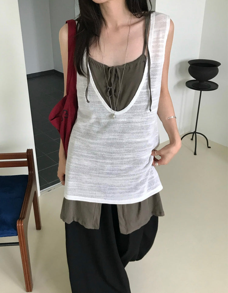 透膚紋理深V長上衣