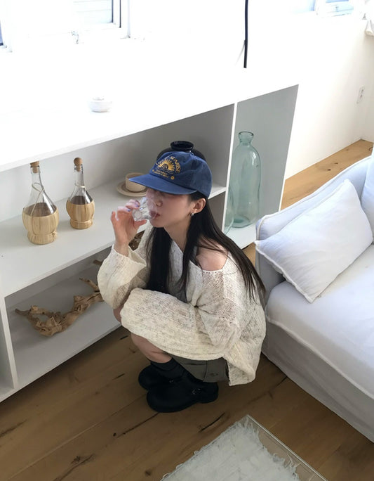 美肩微透紋理針織上衣