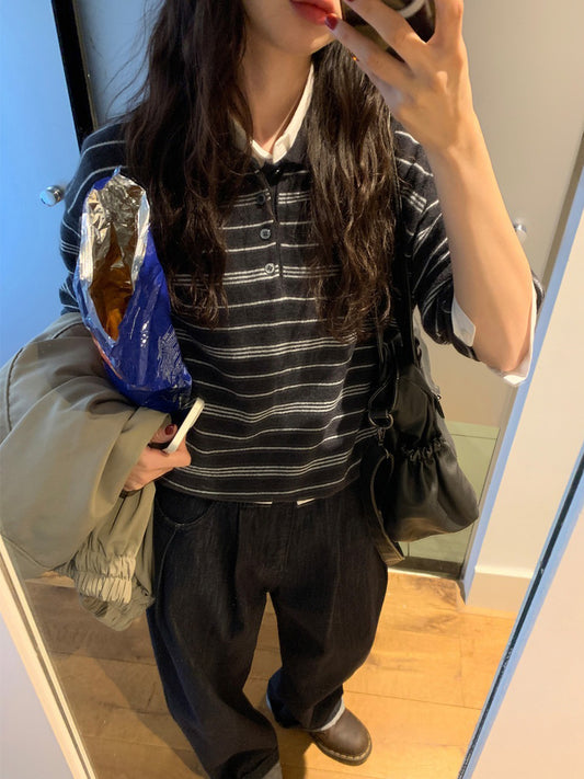 翻領撞色條紋針織衫