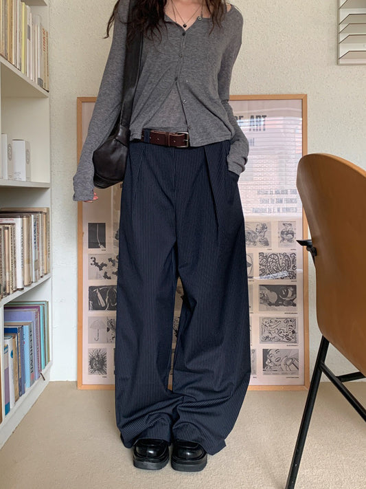條紋內壓褶細節直褲