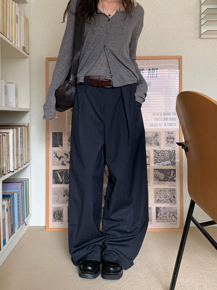 條紋內壓褶細節直褲