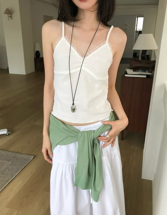 蕾絲邊暗紋胸腺細節背心