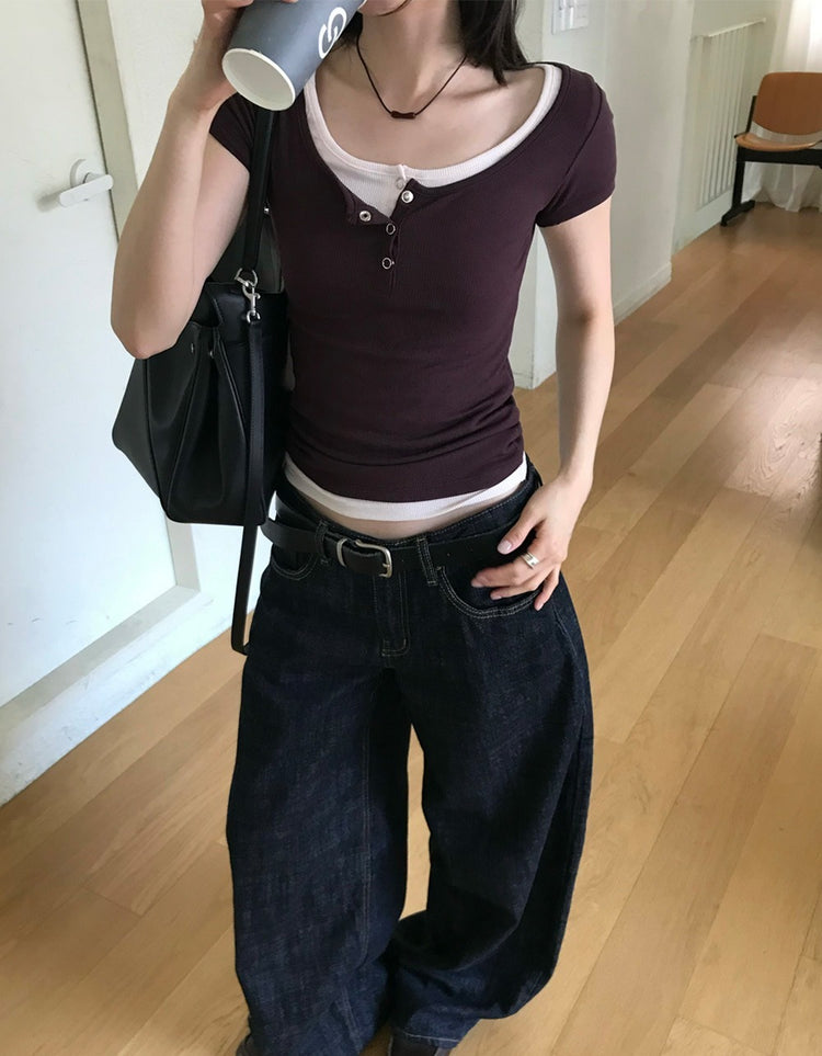 U領暗扣修身細節上衣