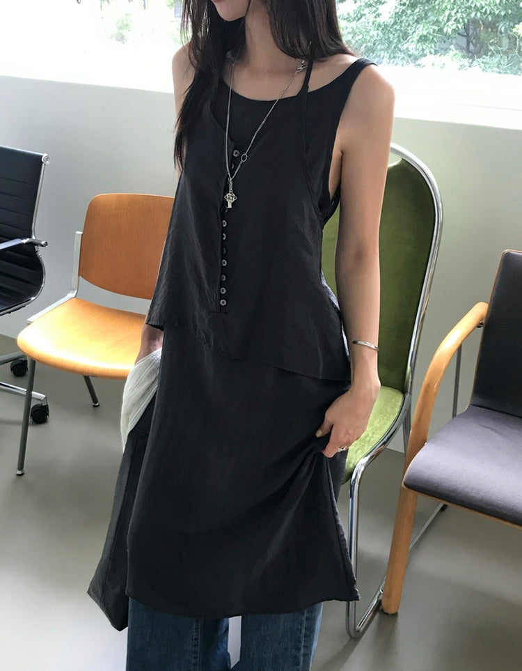 霧光澤掛脖排鈕連身裙套裝