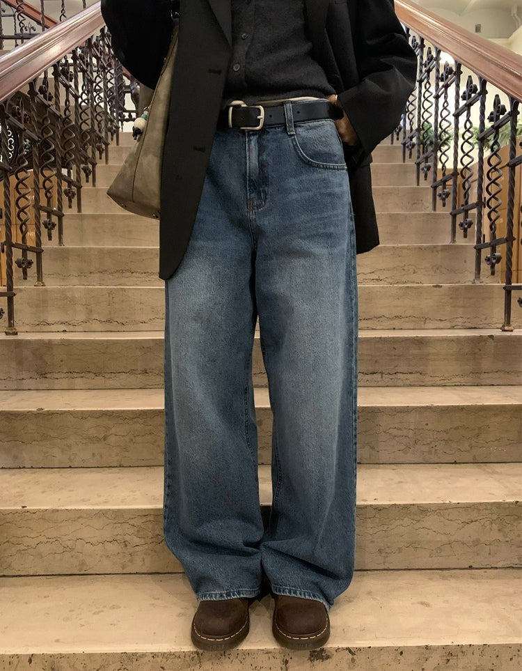 復古美刷色微鬆直筒牛仔褲