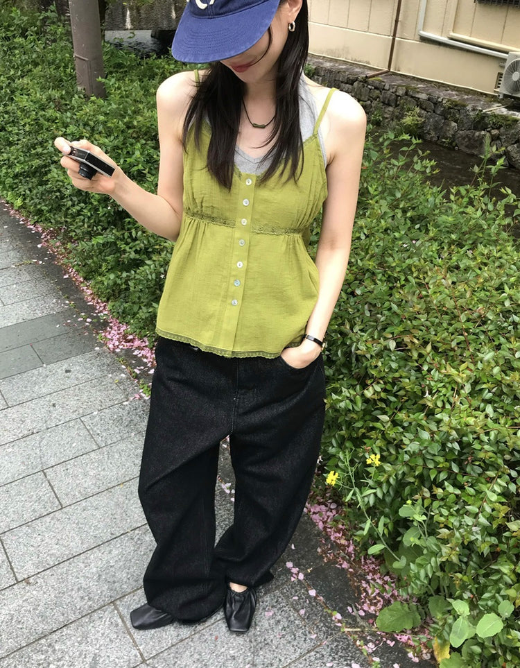 麻料蕾絲邊細節排鈕上衣