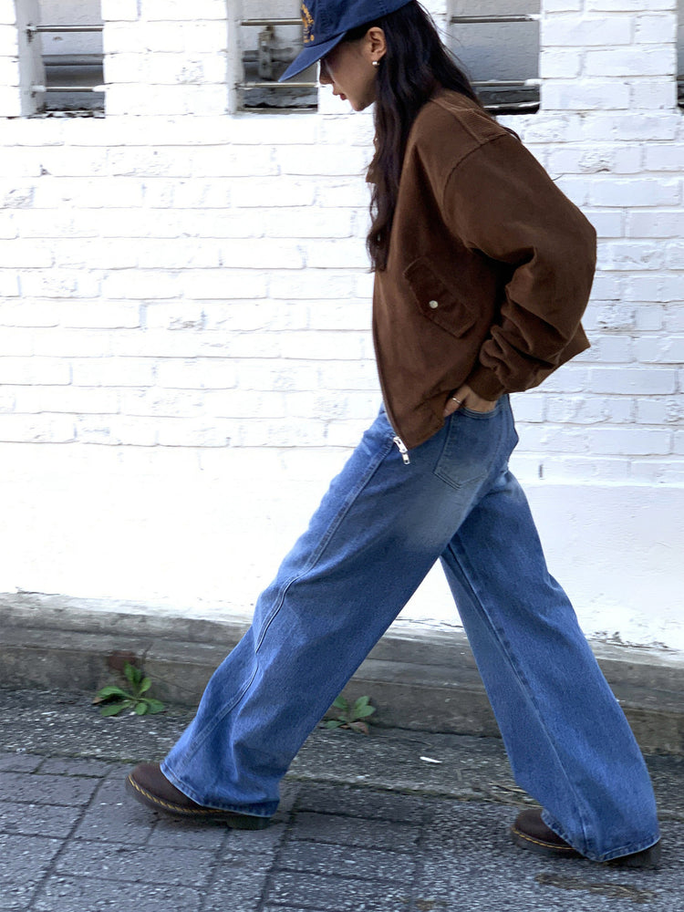 復古美刷色側前壓線細節牛仔褲