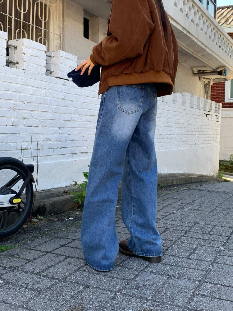 復古美刷色側前壓線細節牛仔褲