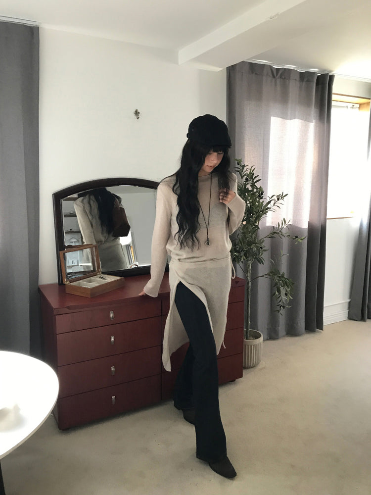 微透膚羊駝毛船領針織上衣