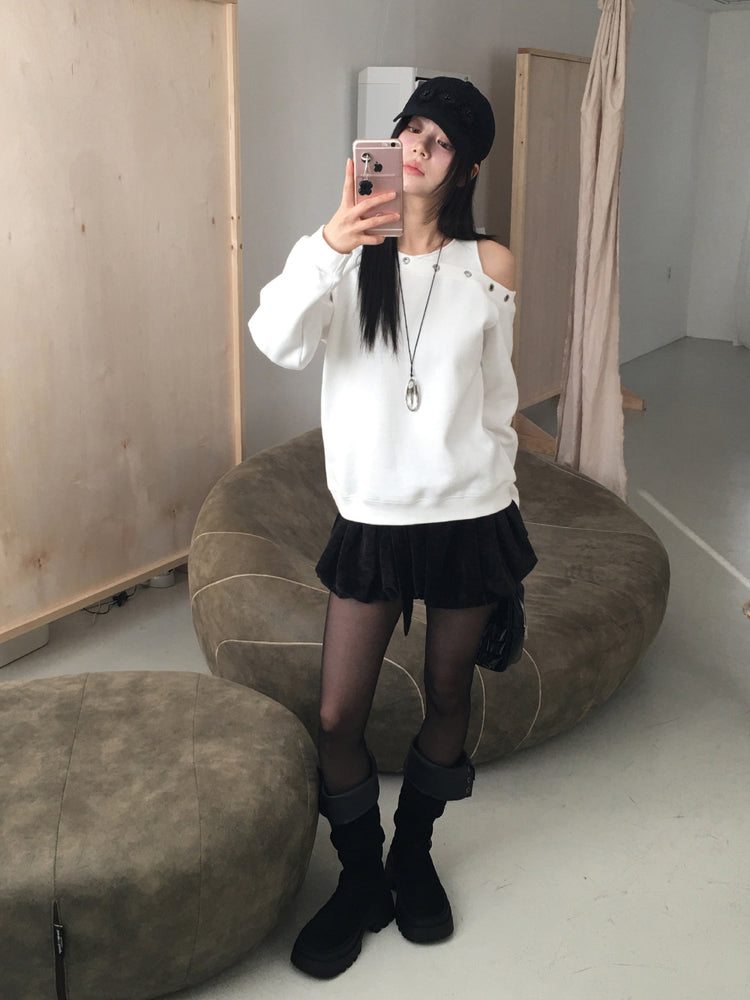 鉚釘圈細節假兩件美肩上衣