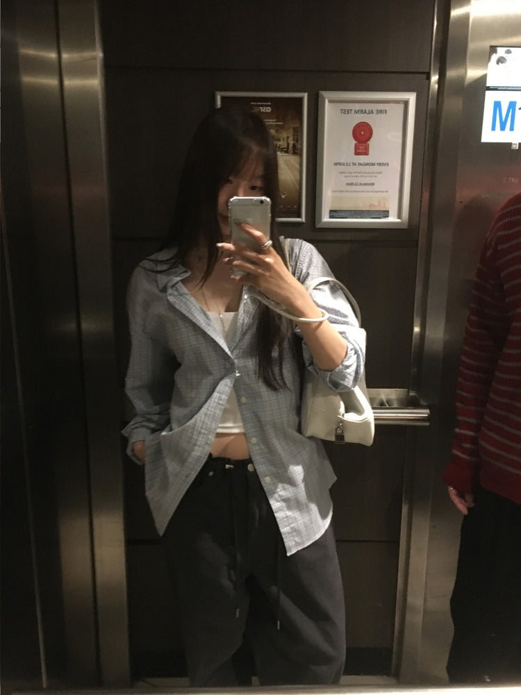 Unisex美色格紋寬鬆襯衫