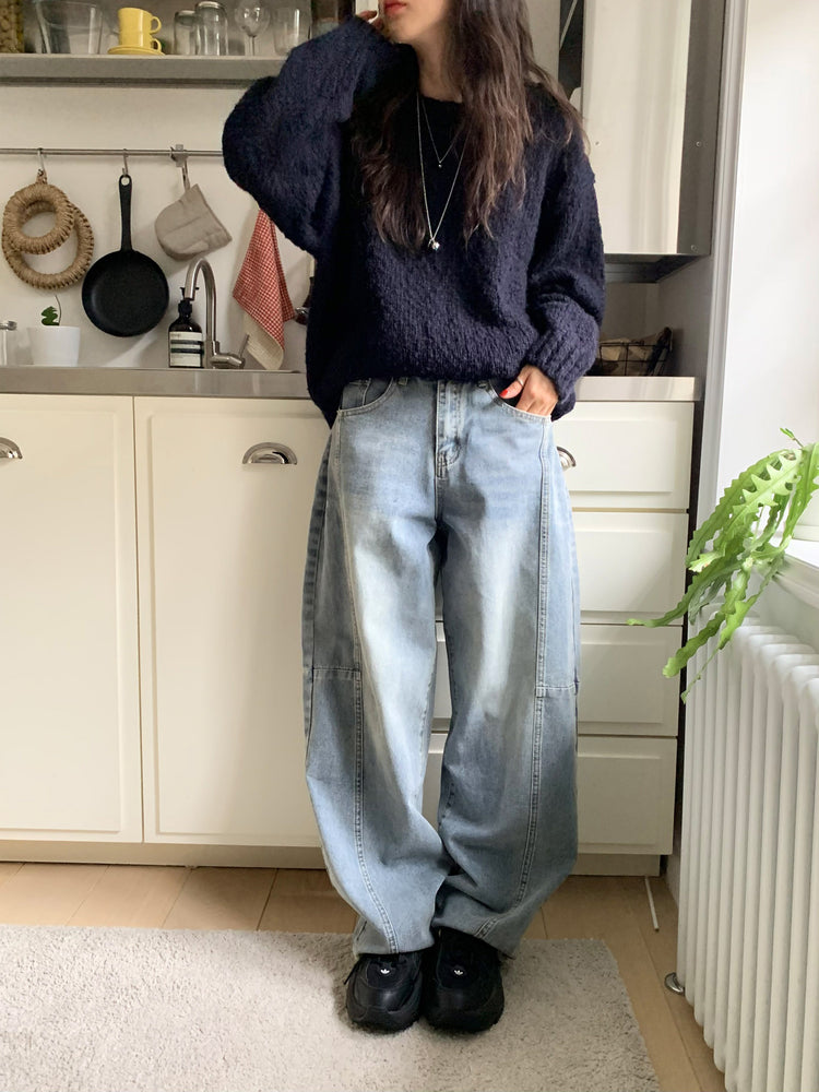 弧形側壓線廓形牛仔褲