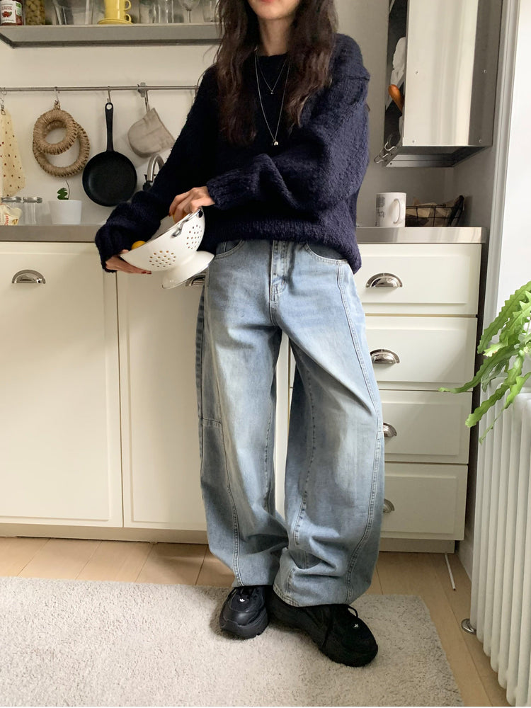 弧形側壓線廓形牛仔褲