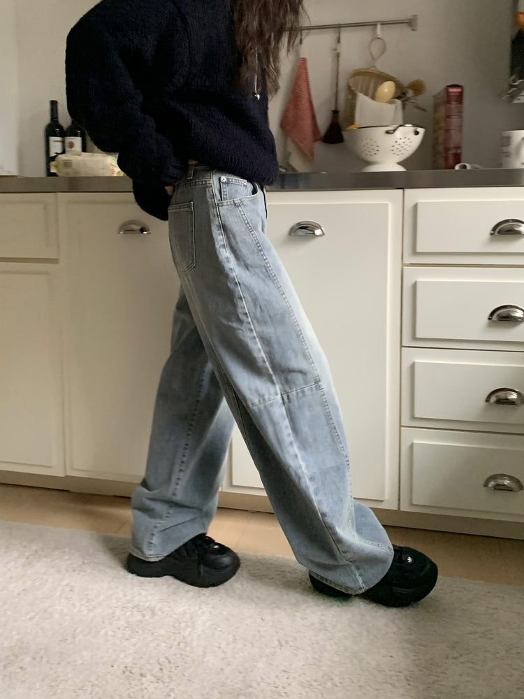 弧形側壓線廓形牛仔褲