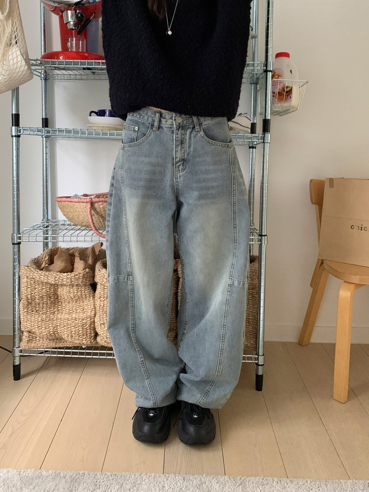 弧形側壓線廓形牛仔褲