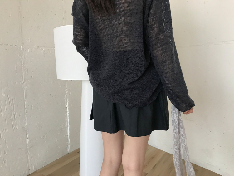 美肩捲邊透膚紋理針織上衣