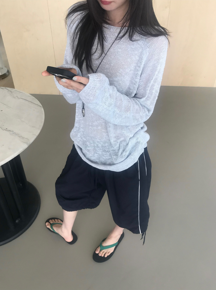 撞色側壓線休閒七分褲