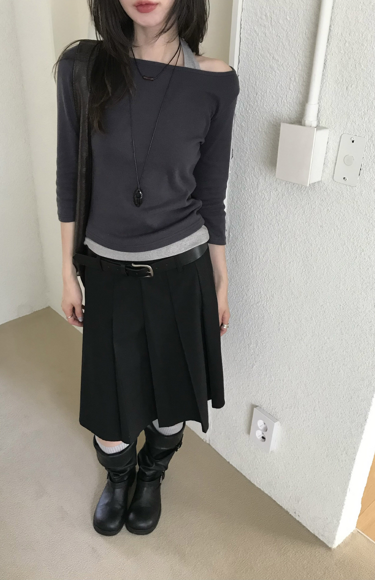 船領弧下擺七分袖上衣