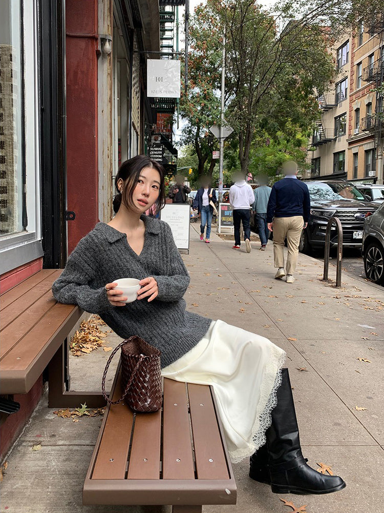 光澤感蕾絲邊不對稱細節半裙