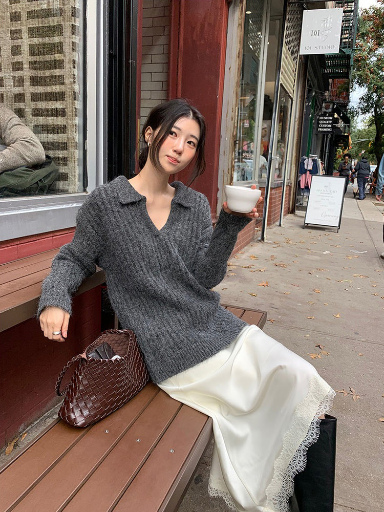 光澤感蕾絲邊不對稱細節半裙