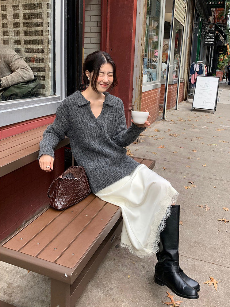 光澤感蕾絲邊不對稱細節半裙