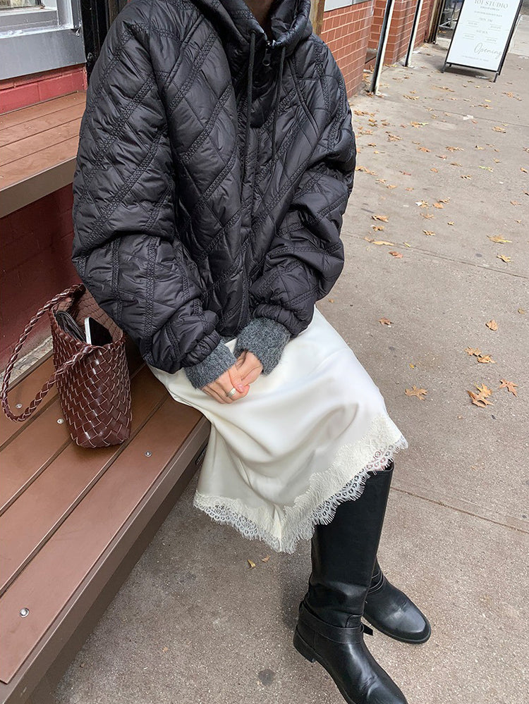 光澤感蕾絲邊不對稱細節半裙